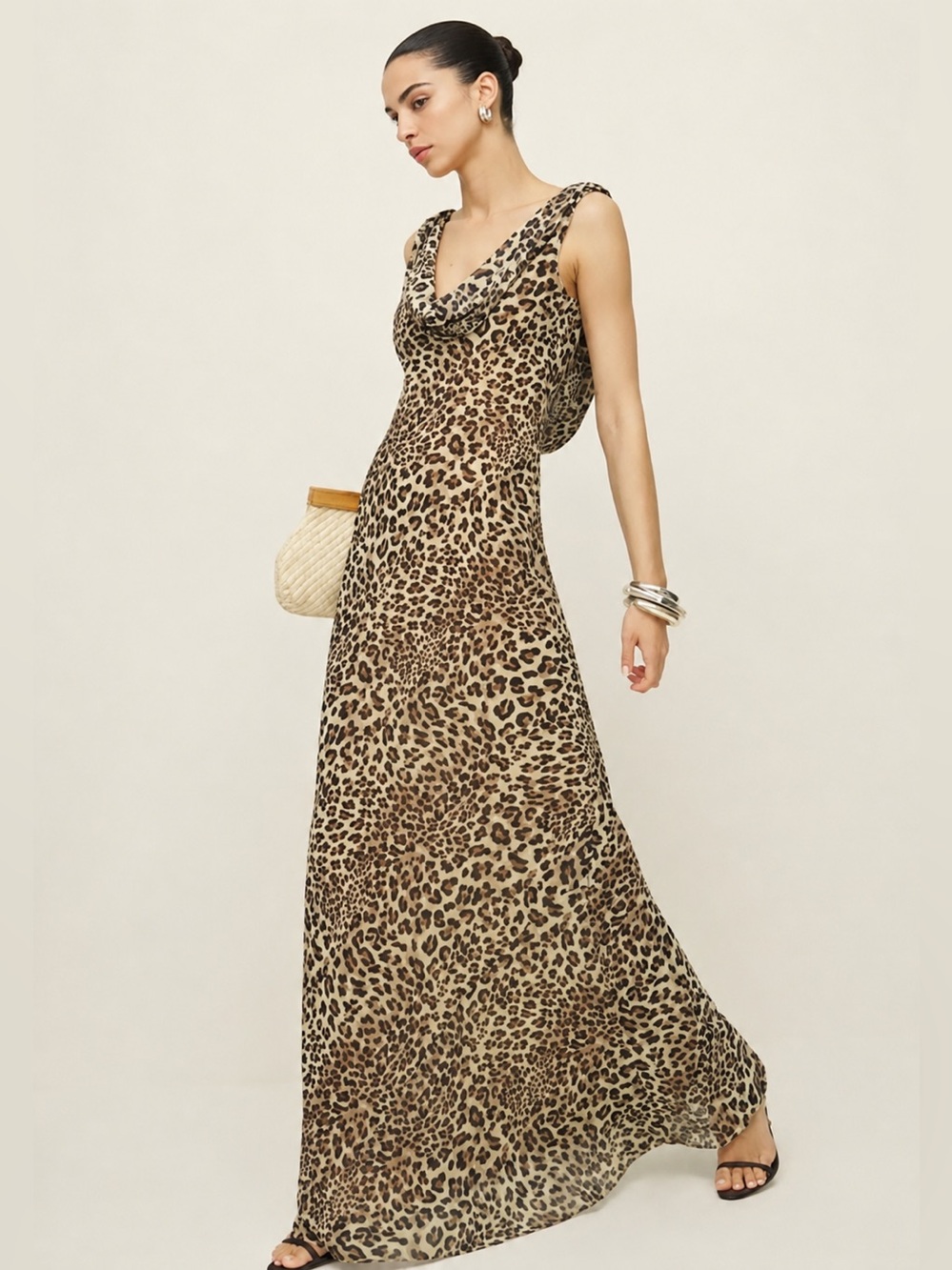Reformation Laura Harrier Cavallo Leopard Print Cowl Neck Dress 6 Hemmed